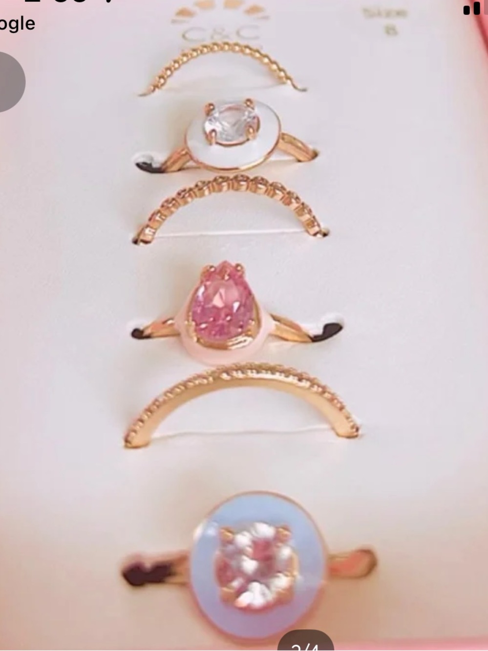 C.C Gold Tone Stackable Ring Set with Clear and Pink Stones